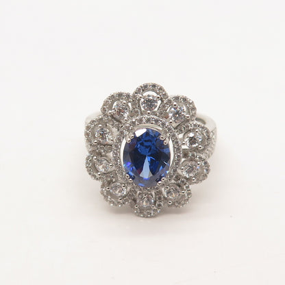 925 Sterling Silver PJC White & Blue C Z Ring Size 8