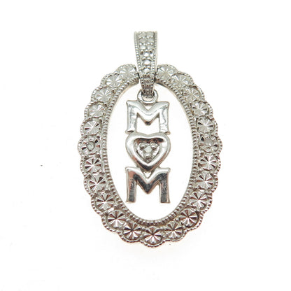 925 Sterling Silver Real Round-Cut Diamond Accent "MOM" Pendant