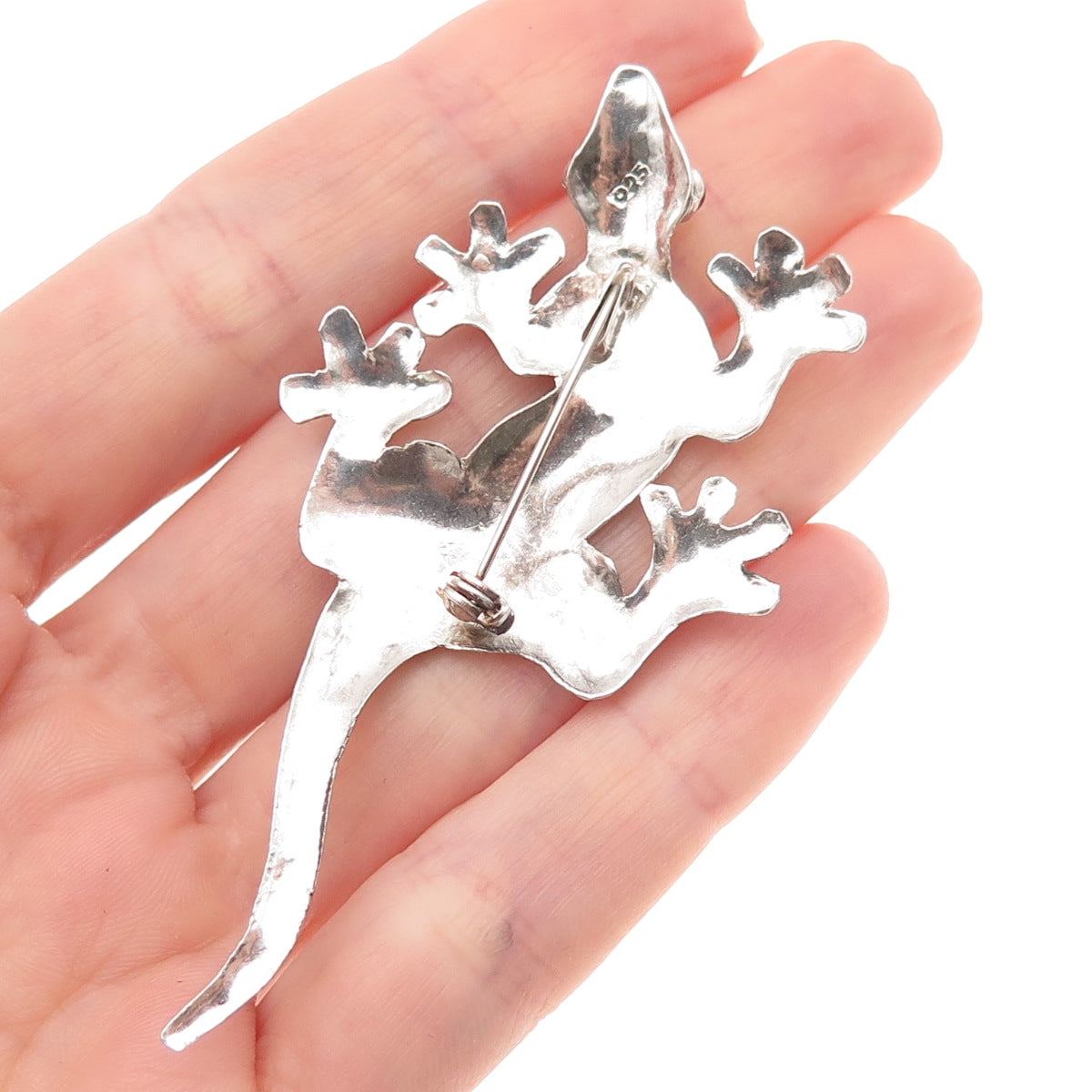 925 Sterling Silver Vintage Real Tourmaline Lizard Oxidized Pin Brooch