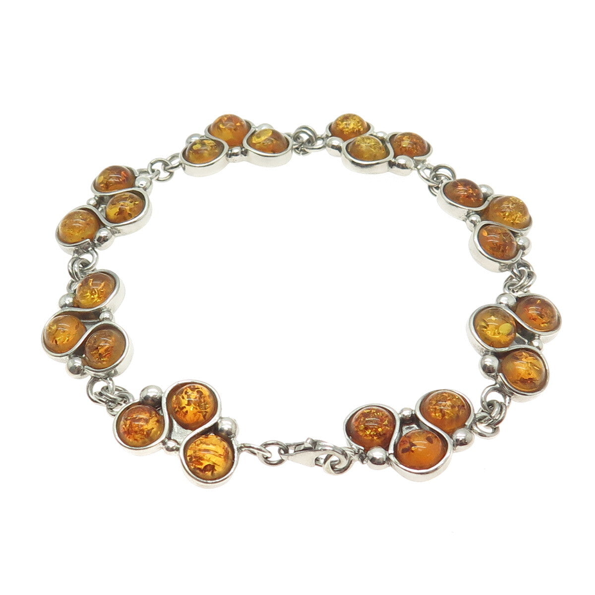 925 Sterling Silver Vintage Real Amber Modernist Link Bracelet 7.5"