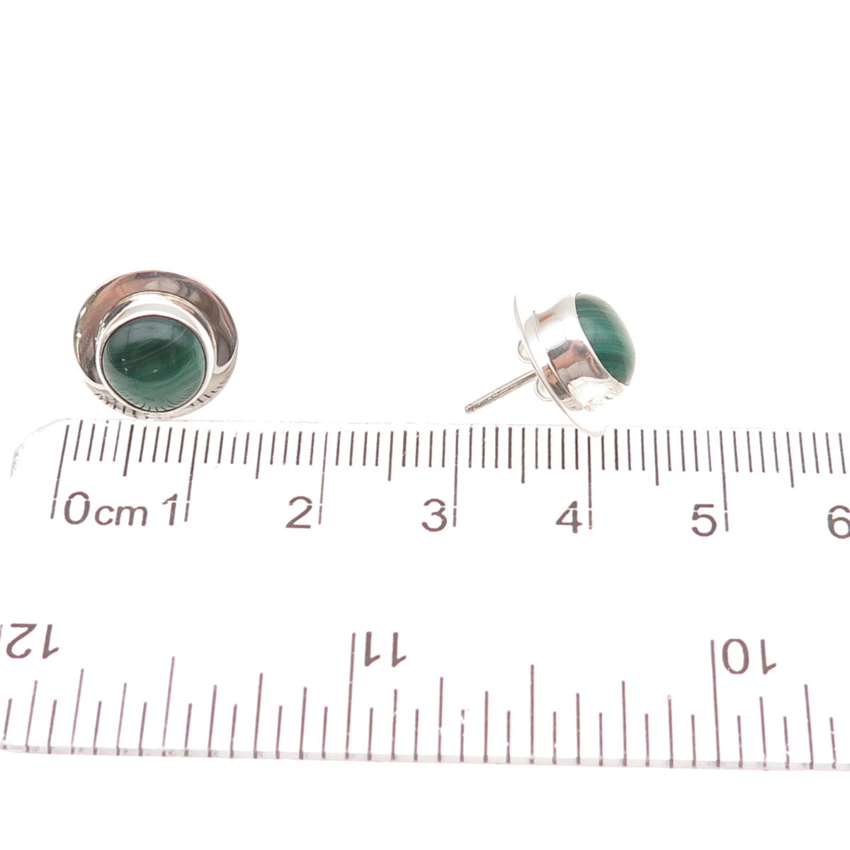 925 Sterling Silver Vintage Real Malachite Modernist Disc Stud Earrings