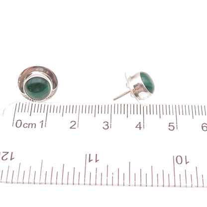925 Sterling Silver Vintage Real Malachite Modernist Disc Stud Earrings