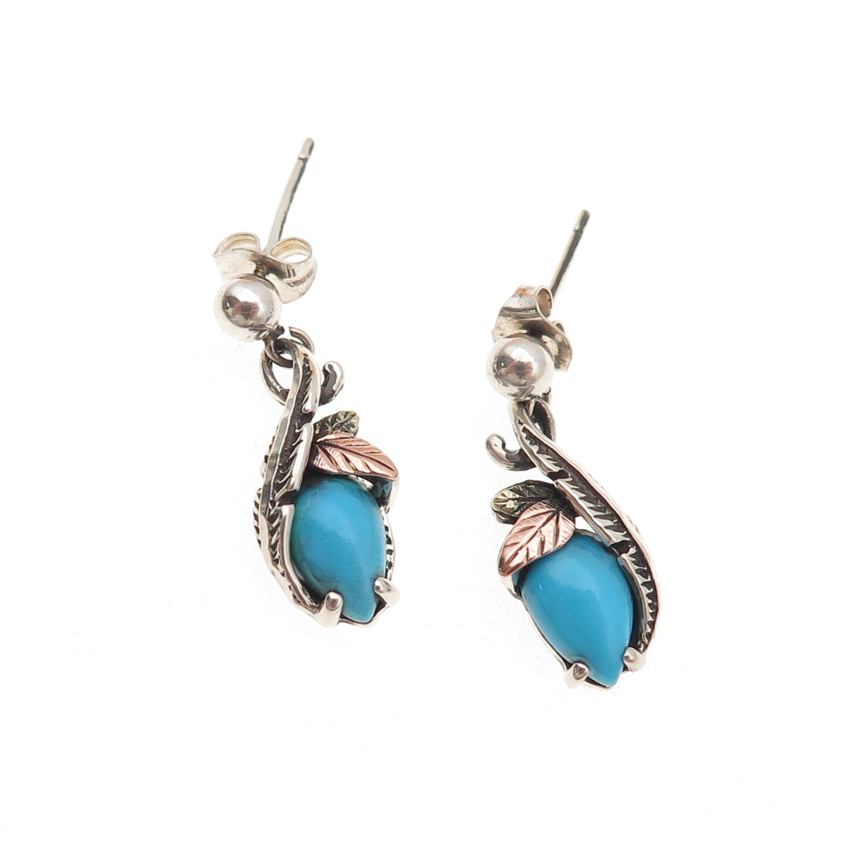 Coleman Co. 925 Sterling Silver 12K Gold Vintage Real Turquoise Floral Earrings