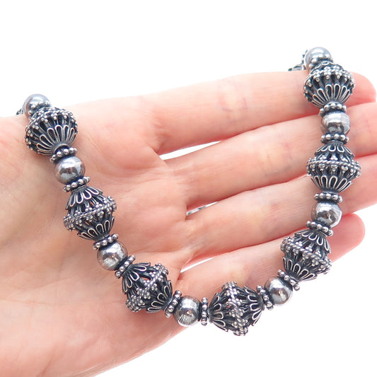 999 Fine Silver Vintage Oxidized Floral Beaded Chain Heavy 116.8g Necklace 20”