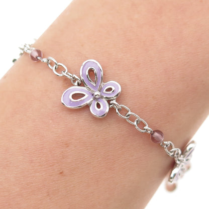 925 Sterling Silver Enamel Real Amethyst Butterfly Bracelet 7"