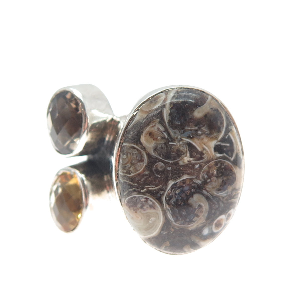 ARYA 925 Sterling Silver Vintage Real Fossil Smoky Quartz & Citrine Ring Size 10