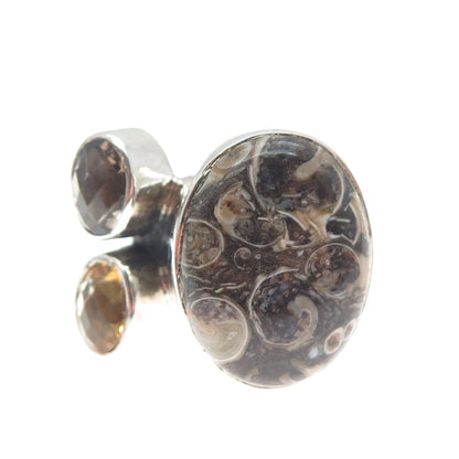 ARYA 925 Sterling Silver Vintage Real Fossil Smoky Quartz & Citrine Ring Size 10