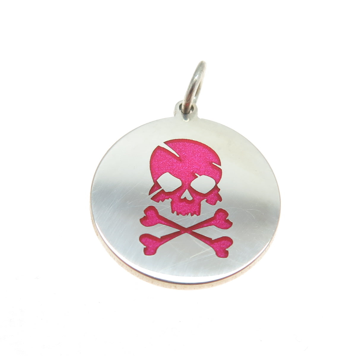 925 Sterling Silver Pink Enamel Skull Crossbones Round Minimalist Charm Pendant