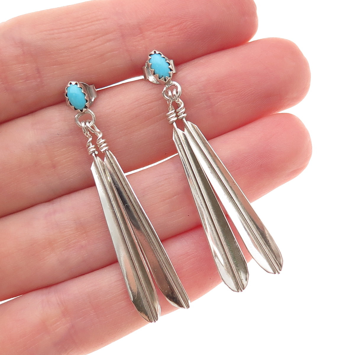Old Pawn Sterling Silver Vintage Southwestern Turquoise Feather Dangle Earrings
