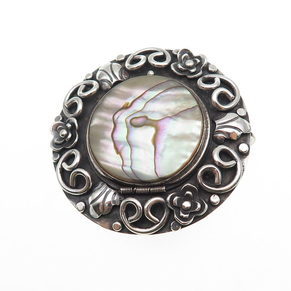 925 Sterling Silver Vintage Mexico Real MOP Oxidized Locket Pin Brooch / Pendant