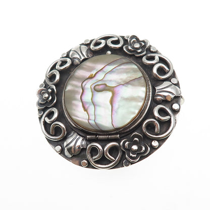 925 Sterling Silver Vintage Mexico Real MOP Oxidized Locket Pin Brooch / Pendant