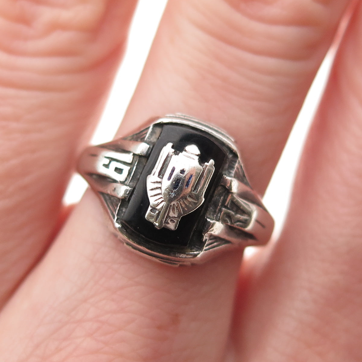 JOSTENS 925 Sterling Silver Antique 1937 Real Black Onyx School Ring Size 7