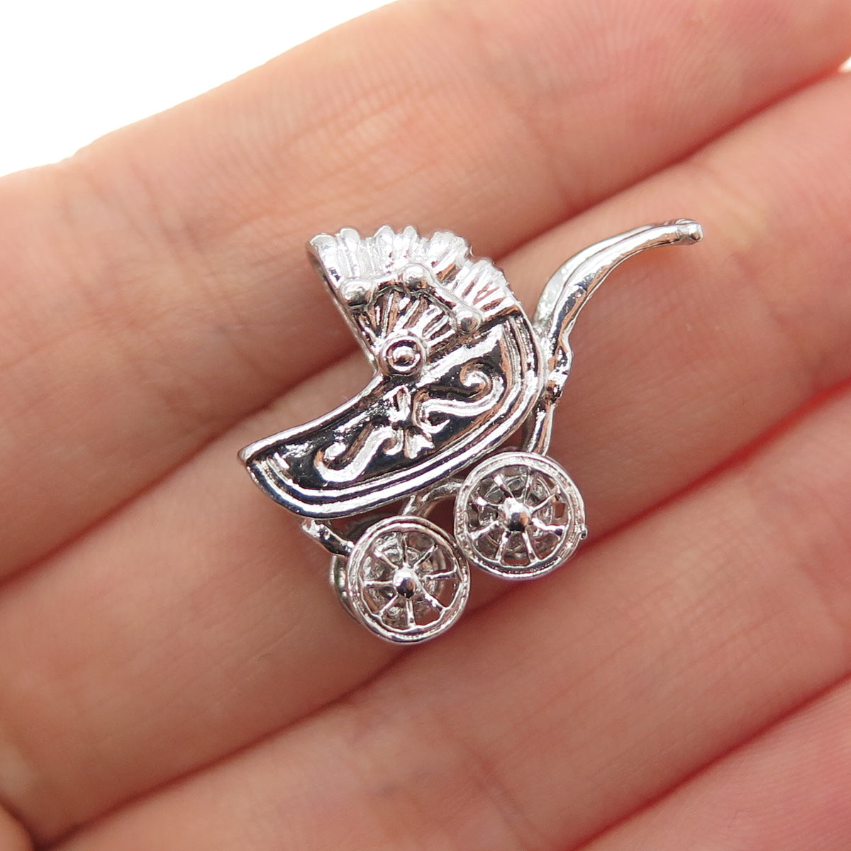 925 Sterling Silver Vintage Baby Stroller Mini 3D Charm Pendant