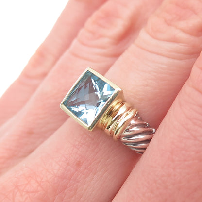 David Yurman 925 Sterling Silver 14K Gold Vintage Real Blue Topaz Ring Size 6.5