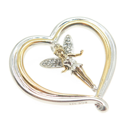 DISNEY 925 Sterling Silver 2-Tone C Z Tinker Bell Fairy Believe Heart Pin Brooch