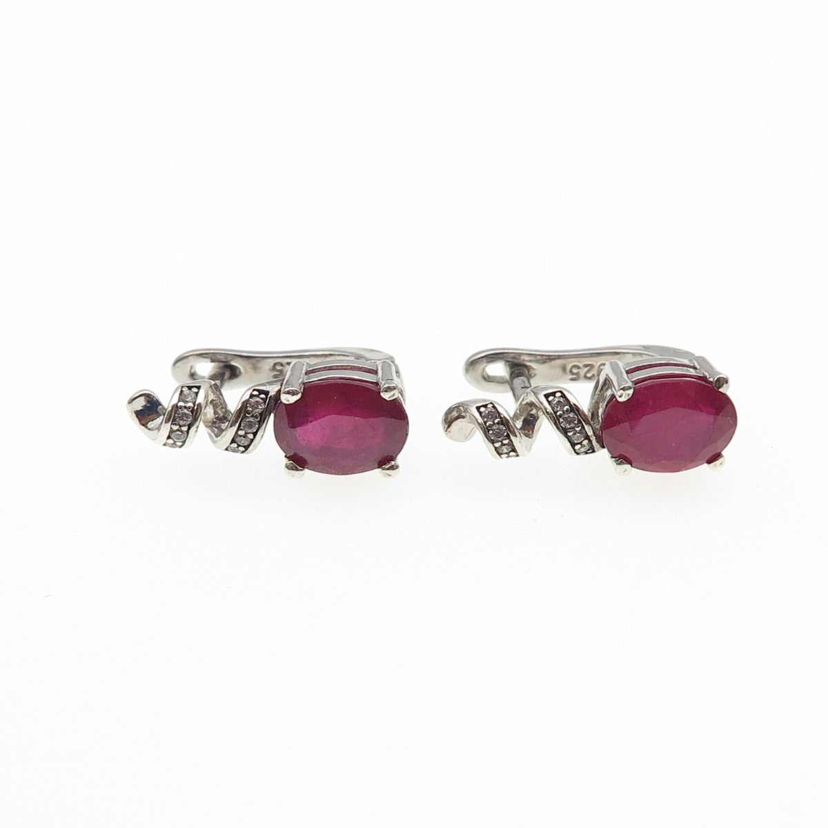925 Sterling Silver Real Oval-Cut Ruby & Round-Cut C Z Swirl Earrings