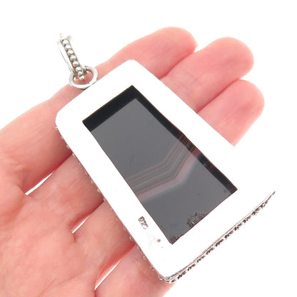 925 Sterling Silver Vintage Real Agate Large 46.1g Pendant
