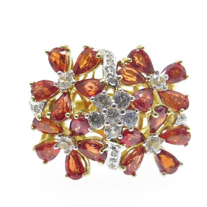 DSMK 925 Sterling Silver Gold Plated Fire Sapphire & White Topaz Ring Size 7.25