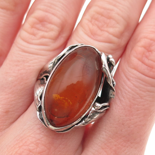 800 Silver Vintage Poland Real Amber Modernist Floral Oxidized Ring Size 7.25