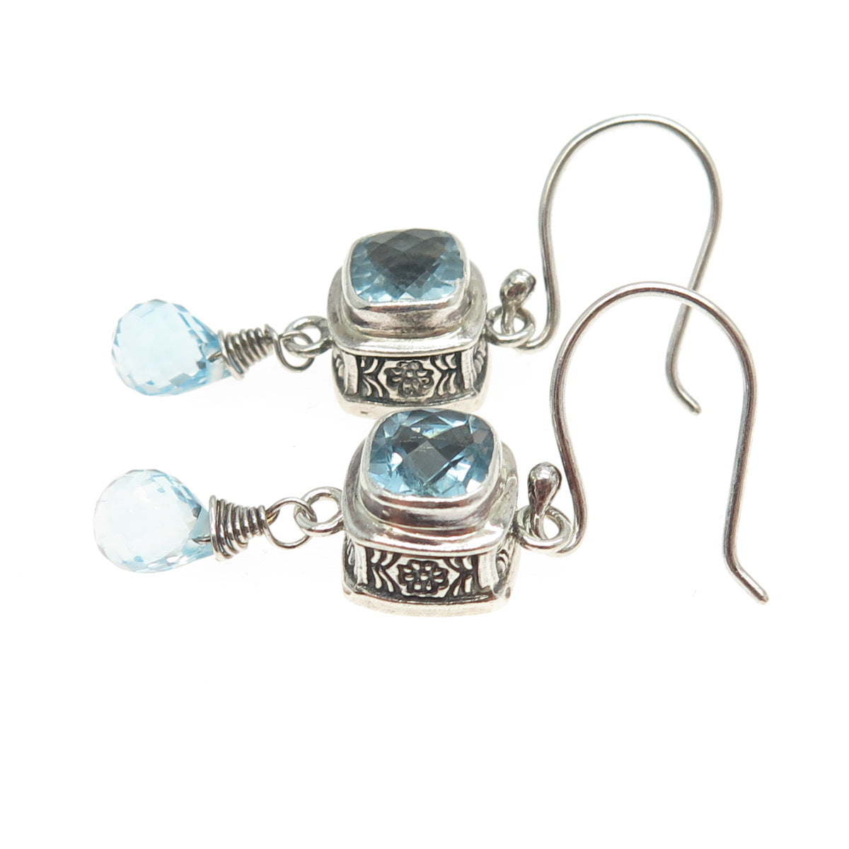 925 Sterling Silver Vintage Real Blue Topaz Dangling Earrings