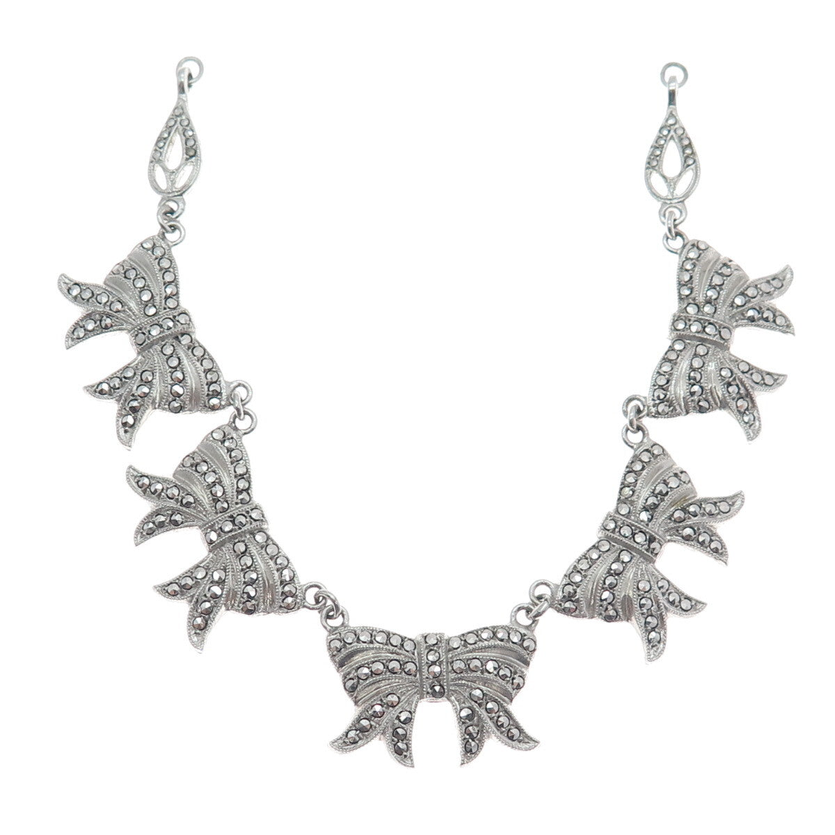 KD Kimler & Daniel Sterling Antiuqe Marcasite Centerpiece Bow Necklace Part 6.5"