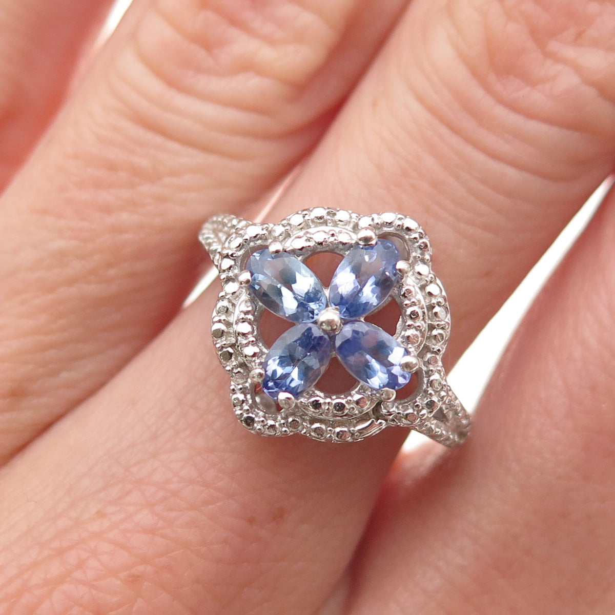 Chuck Clemency 925 Sterling Silver Real Oval-Cut Tanzanite Floral Ring Size 7