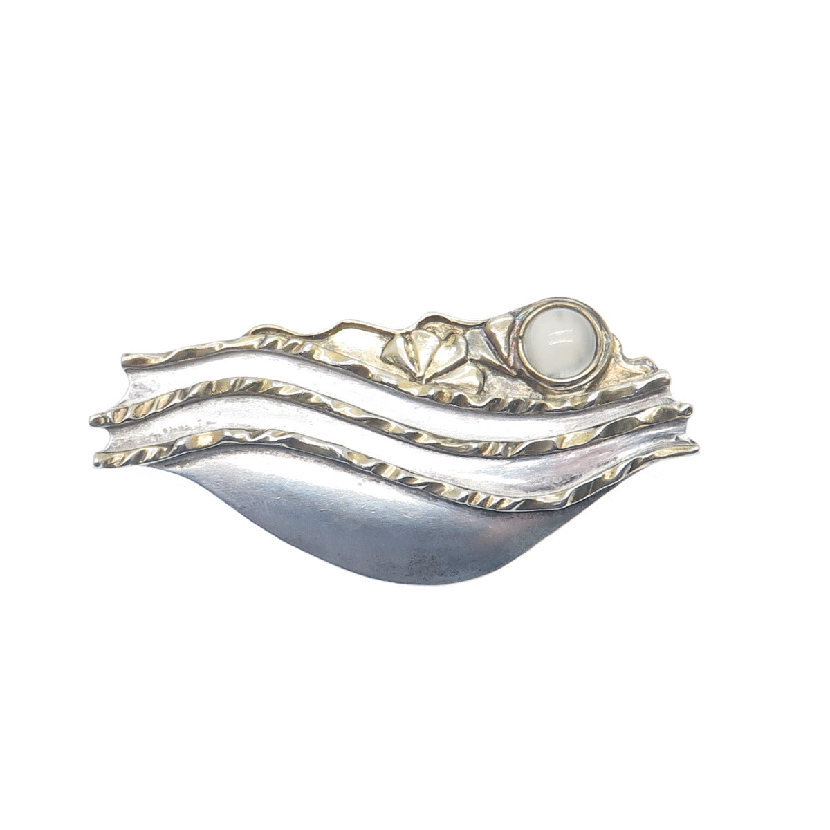925 Sterling Silver 2-Tone Vintage RW Real Moonstone Modernist Pin Brooch