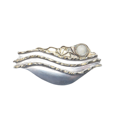 925 Sterling Silver 2-Tone Vintage RW Real Moonstone Modernist Pin Brooch