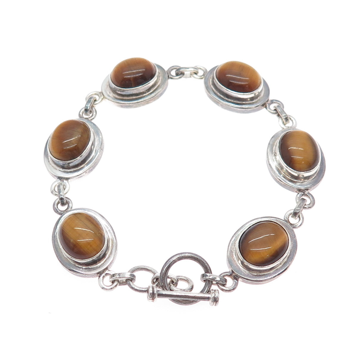 925 Sterling Silver Vintage Real Tiger Eye Station Oxidized Bracelet 7.25"