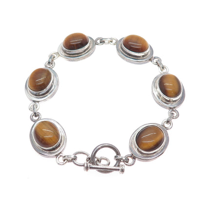 925 Sterling Silver Vintage Real Tiger Eye Station Oxidized Bracelet 7.25"