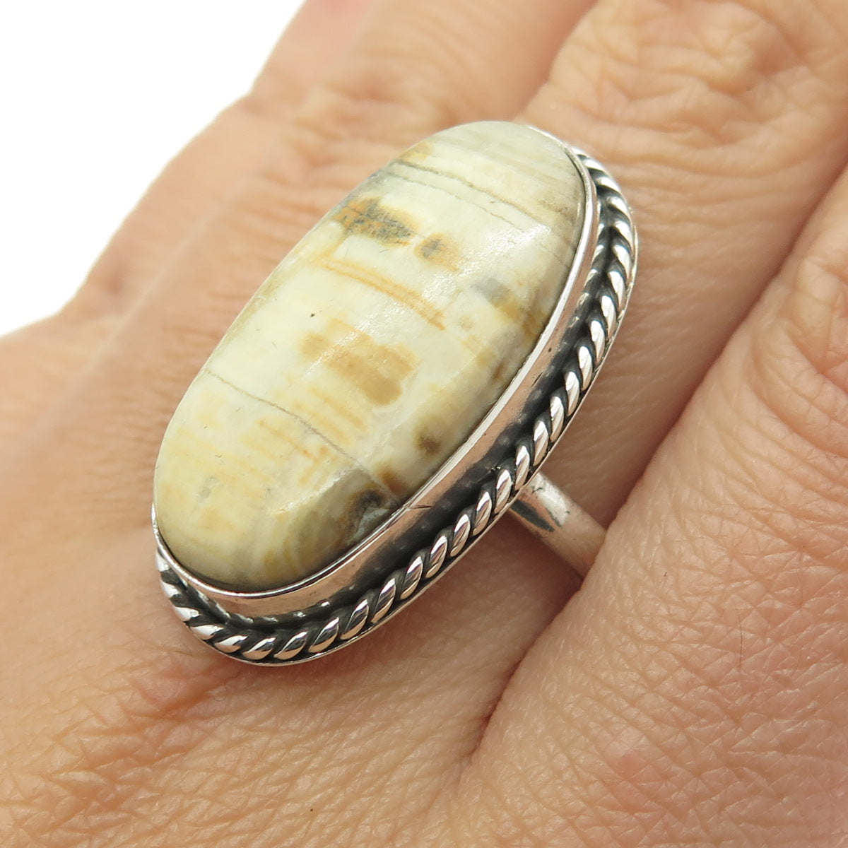 925 Sterling Silver Vintage Picture Agate Gemstone Statement Ring Size 11.25