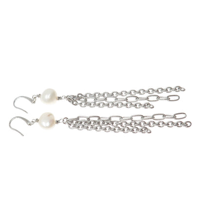 925 Sterling Silver Vintage Italy Real Baroque Pearl Tassel Dangle Earrings