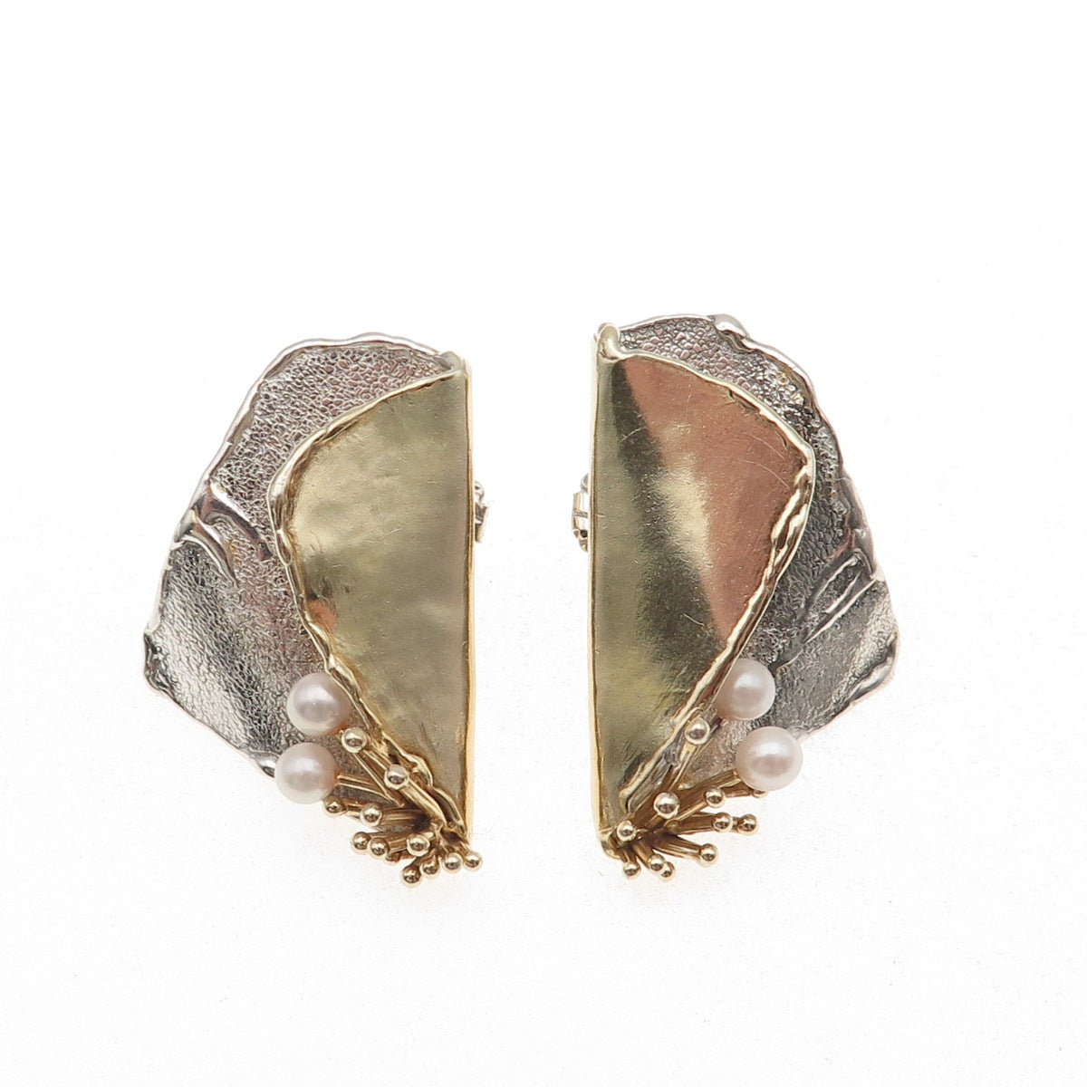 Joseph Masaniello Sterling Silver 2-Tone Vintage Real Pearl Modernist Earrings