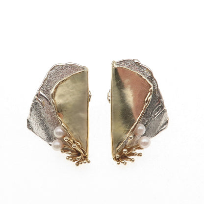 Joseph Masaniello Sterling Silver 2-Tone Vintage Real Pearl Modernist Earrings