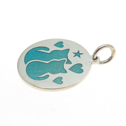 925 Sterling Silver Turquoise Enamel Cat Heart Round Minimalist Charm Pendant