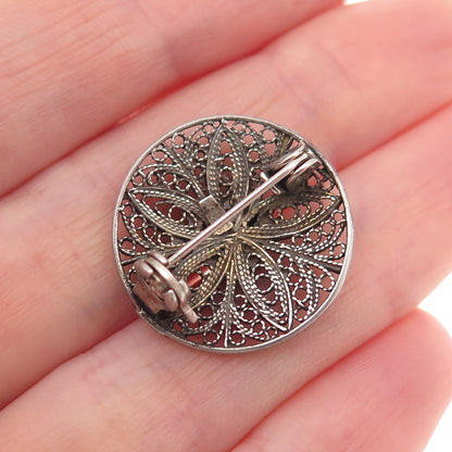 925 Sterling Silver Vintage Real Turquoise Floral Filigree Oxidized Pin Brooch