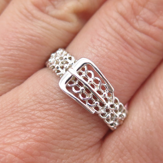 NEVADA 925 Sterling Silver Vintage Ornate Belt Buckle Ring Size 9.25