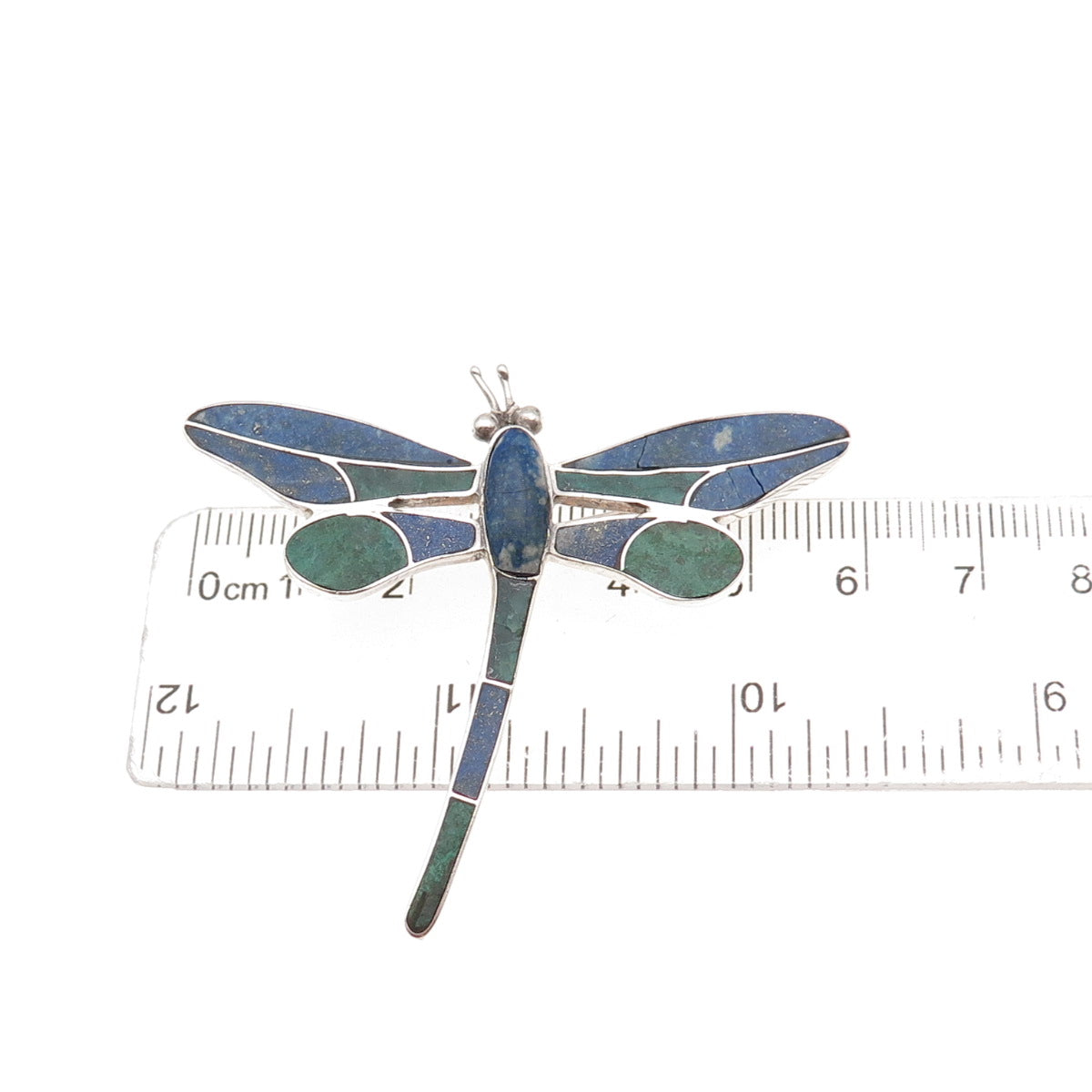 970 Silver Vintage Real Turquoise & Lapis Dragonfly Pin Brooch / Pendant