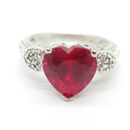 925 Sterling Silver Real Diamond & Lab-Created Ruby Heart Ring Size 7.5