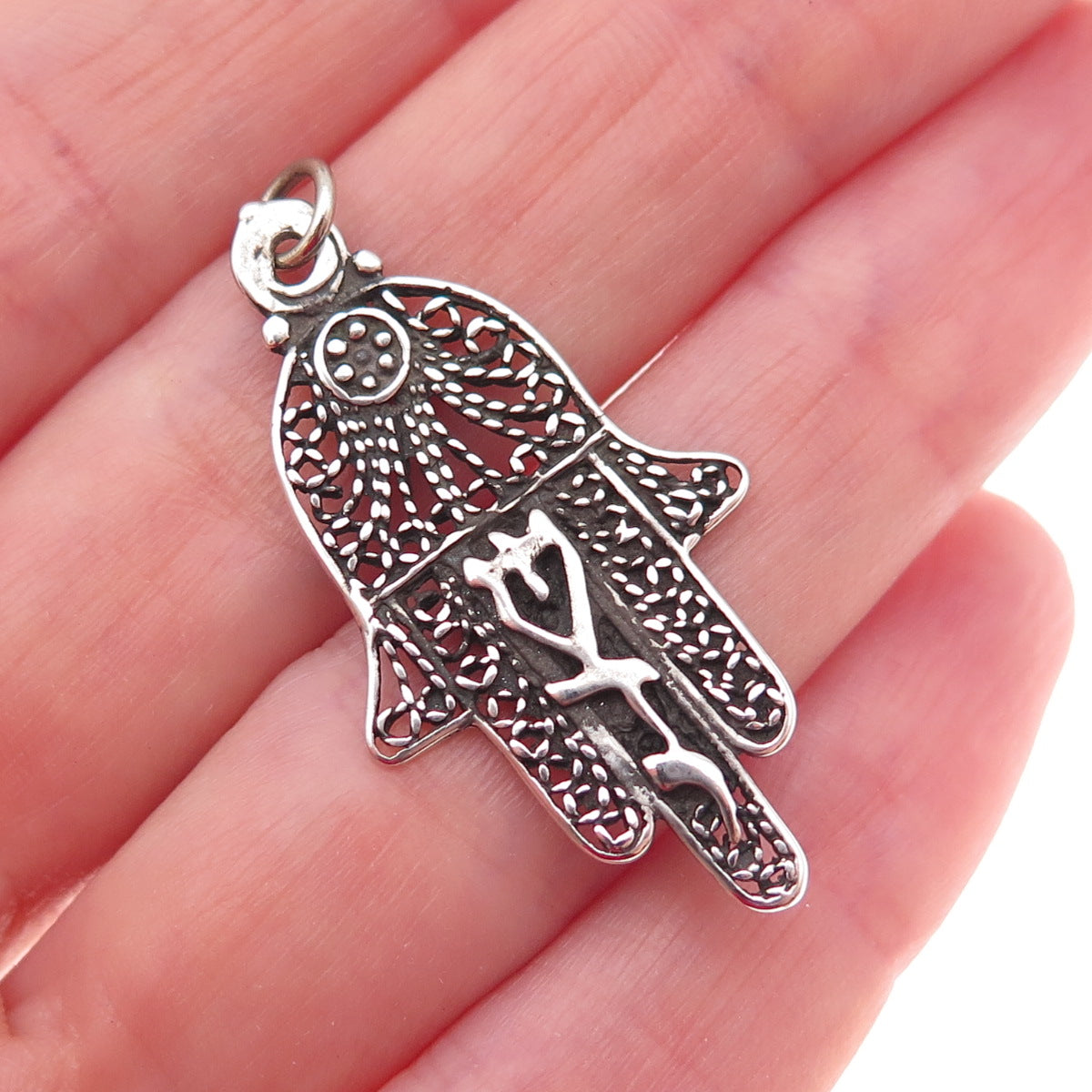 925 Sterling Silver Vintage Israel Hamsa Amulet Filigree Charm Pendant