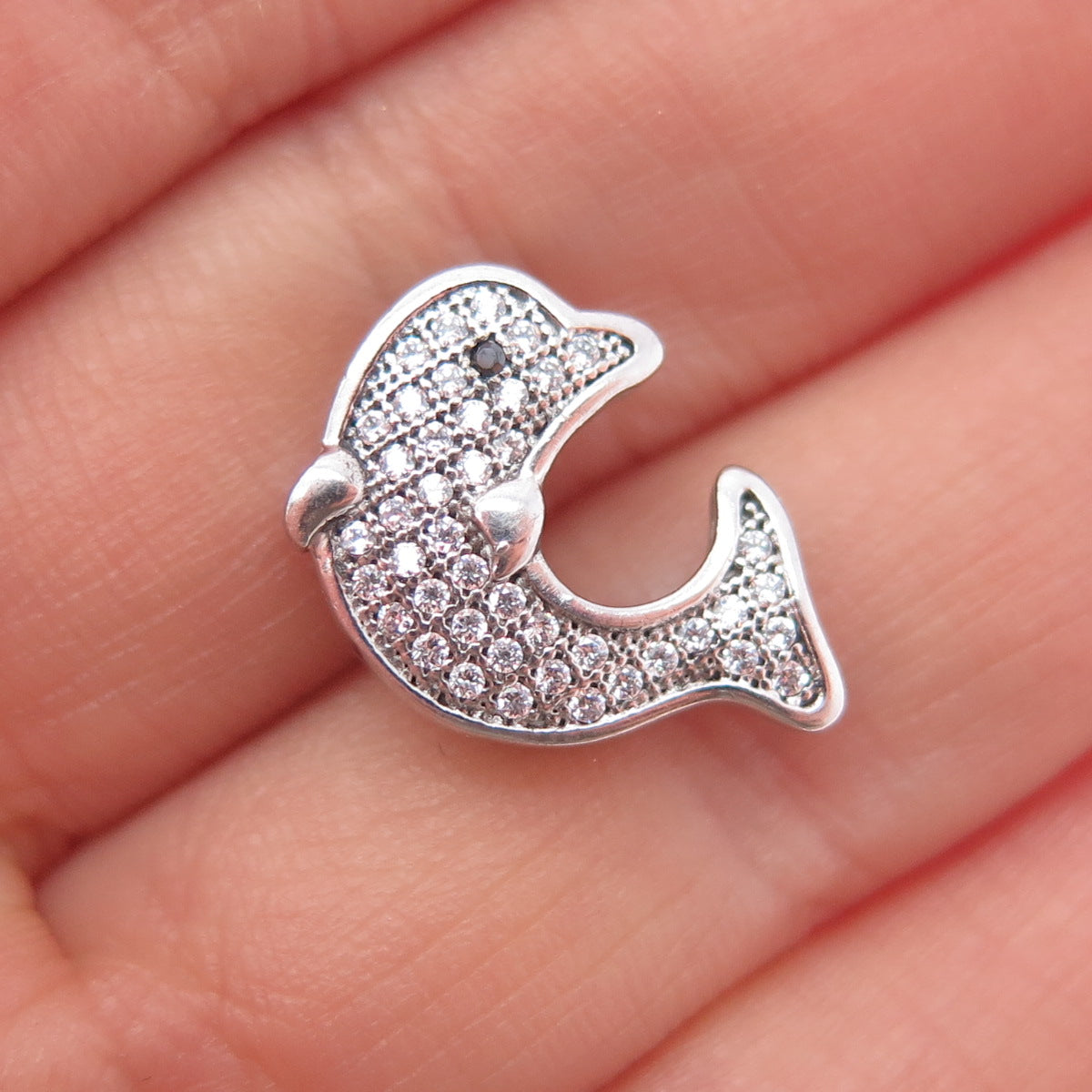 925 Sterling Silver Round-Cut Black & White C Z Dolphin Mini Slide Pendant