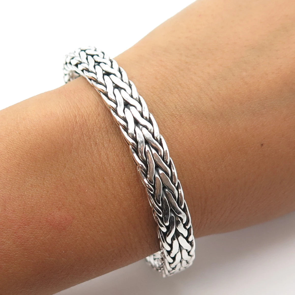925 Sterling Silver Vintage Spiga/Wheat Link Heavy Bangle Bracelet 7.75"