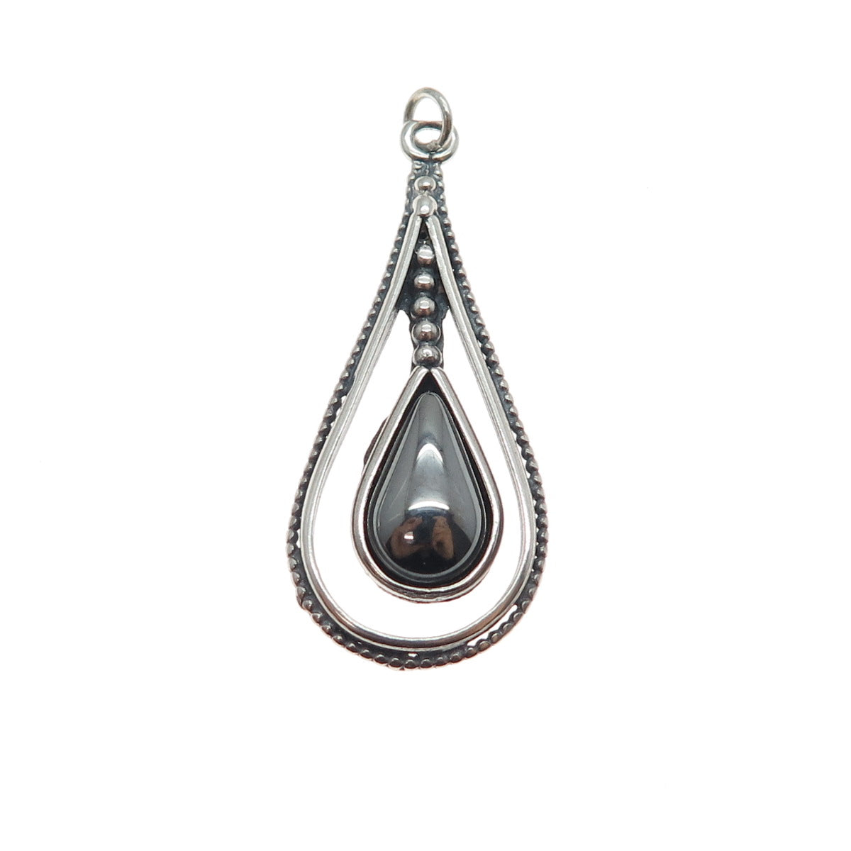 925 Sterling Silver Vintage Real Hematite Teardrop Oxidized Charm Pendant