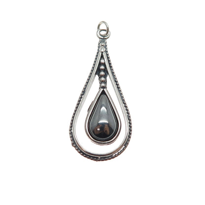 925 Sterling Silver Vintage Real Hematite Teardrop Oxidized Charm Pendant