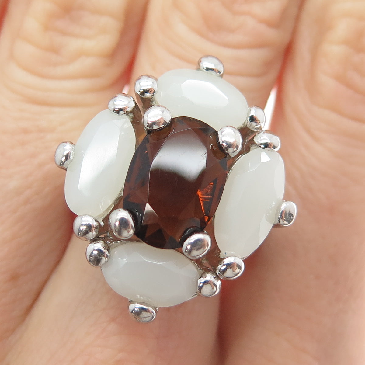 925 Sterling Silver Vintage Real Citrine & White Chalcedony Ring Size 8
