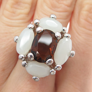 925 Sterling Silver Vintage Real Citrine & White Chalcedony Ring Size 8