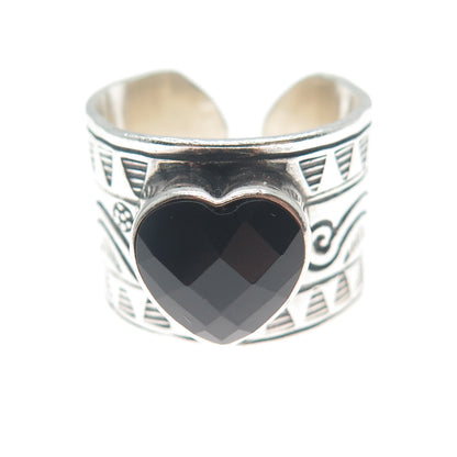 925 Sterling Silver Vintage Real Black Spinel Tribal Adjustable Ring Size 8.75