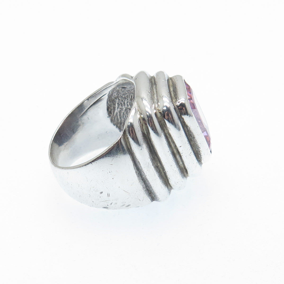 925 Sterling Silver Vintage Emerald-Cut Pink C Z Oxidized Ring Size 5.5