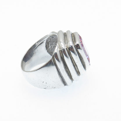925 Sterling Silver Vintage Emerald-Cut Pink C Z Oxidized Ring Size 5.5
