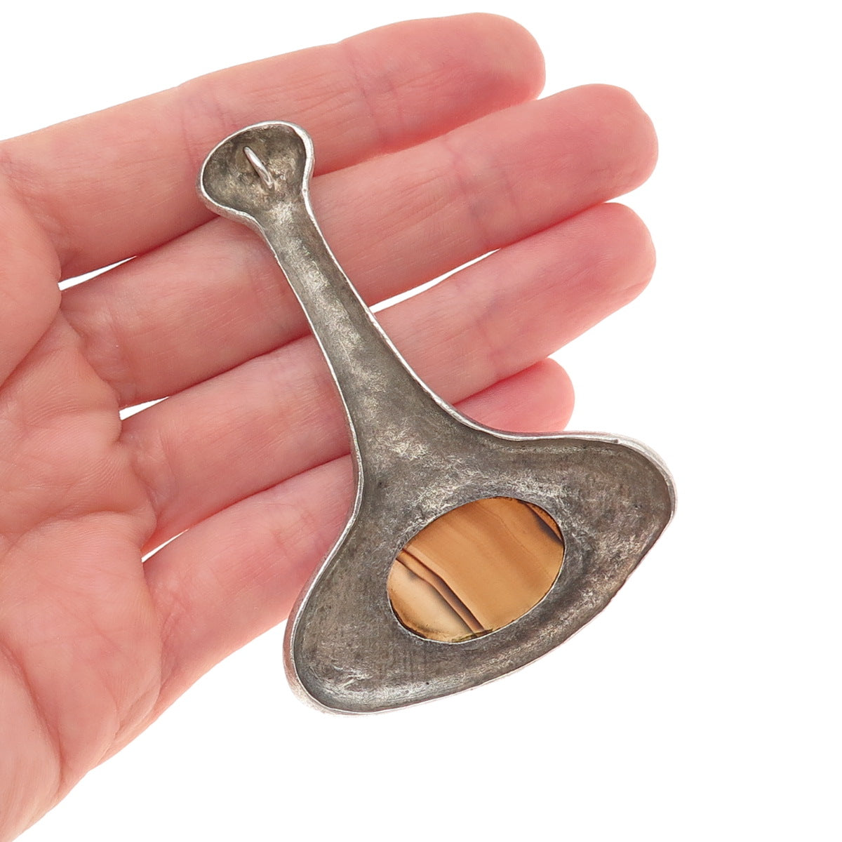 925 Sterling Silver Vintage Real Agate Modernist Oxidized Slide Pendant